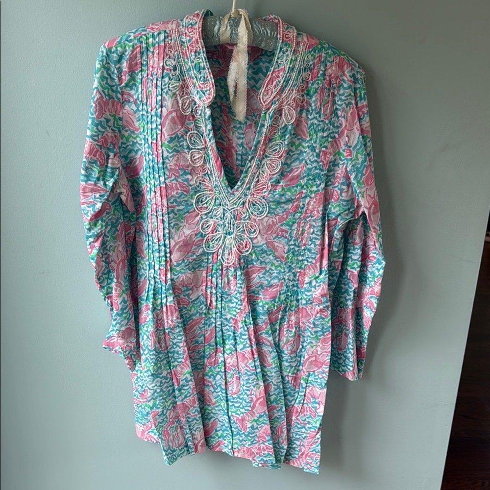 Lilly Pulitzer Pink and Blue Pleated Bib Collar Tunic